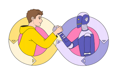 Ilustração: humano e robô unindo as mãos em um loop infinito